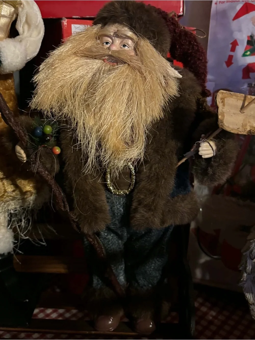 Holiday Santa Figurine in Brown Fur with Blonde Beard -